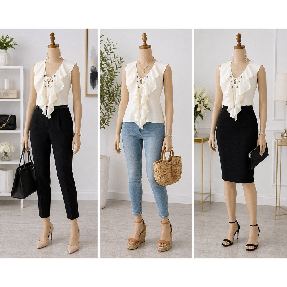 Vizio Women Ivory Ruffle Lace Up Sleeveless Blouse Top Stretch Career Y2K Size S